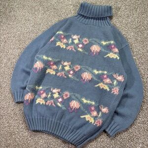 Vtg Cambridge Spirit Floral Knit Turtleneck Sweater Blue Pastel Cotton Large